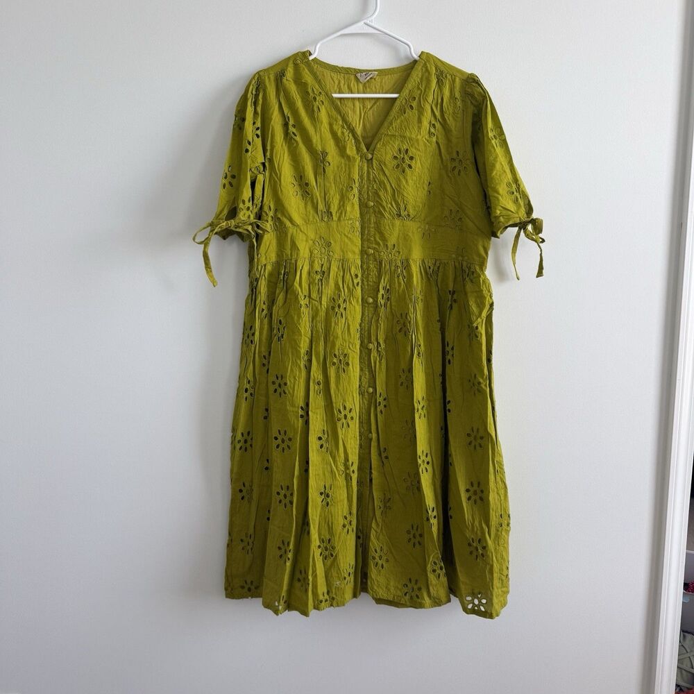 Janasya Green Cotton Schiffli Flared Midi Dress V-Neck Floral Indian Summer XXL